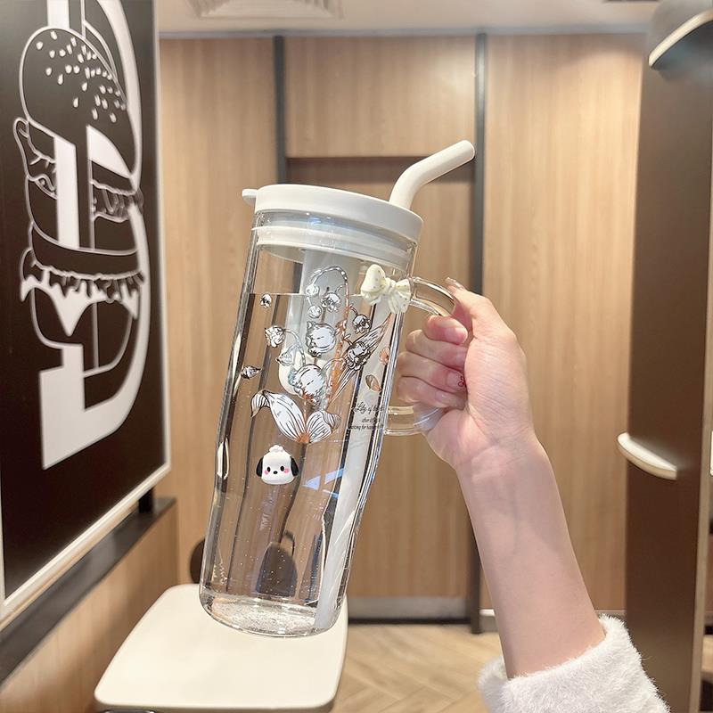 大容量玻璃杯夏天高颜值吸管水杯女生家用耐高温办公室茶水分离杯