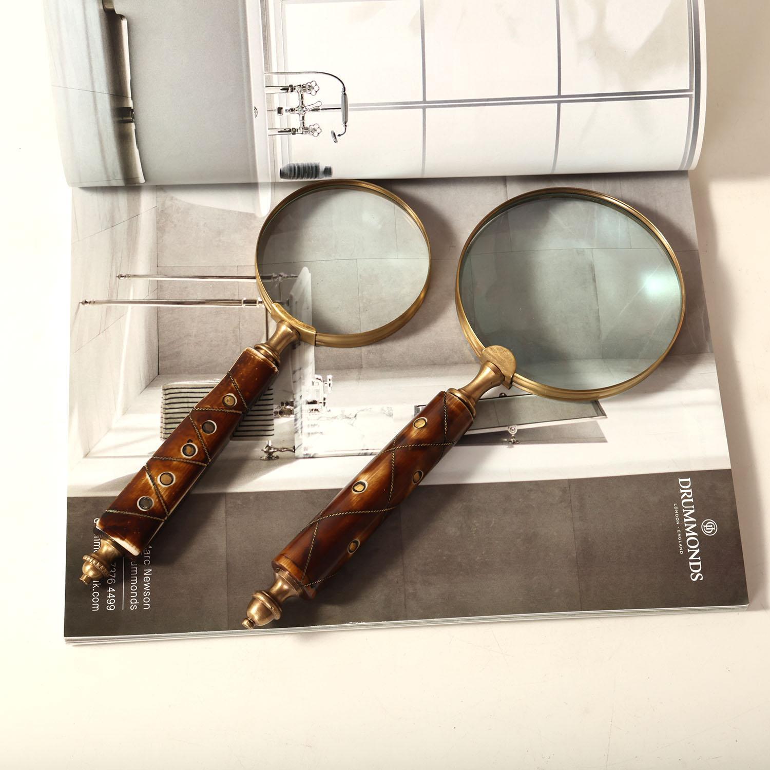 印度进口黄铜牛骨手柄高档手持放大镜10倍高清复古样板间装饰摆件