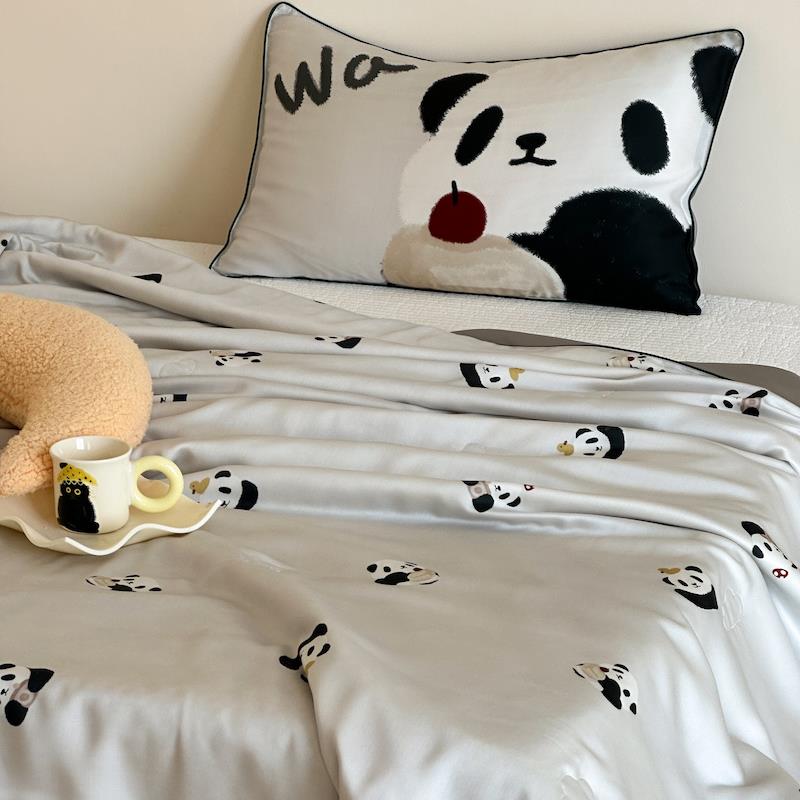 ins熊猫卡通60支兰精天丝丝滑夏凉被单双人空调被冰丝夏被可机洗