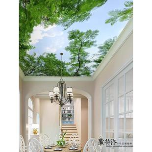 5d天花板吊顶墙纸屋顶无缝背景墙壁画田园树林清新风景自粘壁布