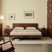 杪轩新中式 北美黑胡桃木床现代简约1.8家用主卧大床双人1.5实木床