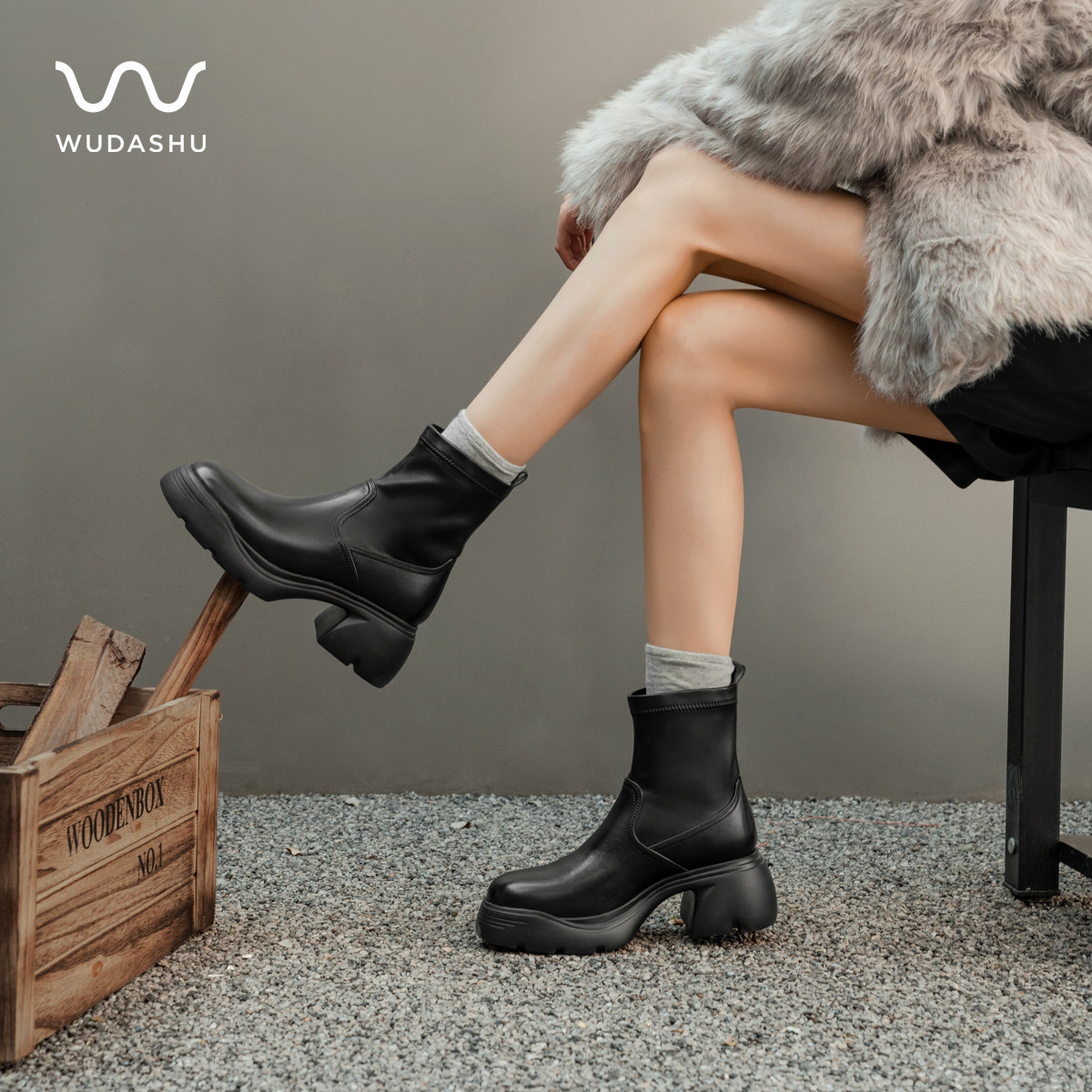 吴大叔2025秋冬季厚底真皮女靴气垫缓震气质百搭显瘦弹力瘦瘦短靴,女鞋,弹力靴/袜靴,淘宝优惠券,粉丝福利购,淘宝优惠卷