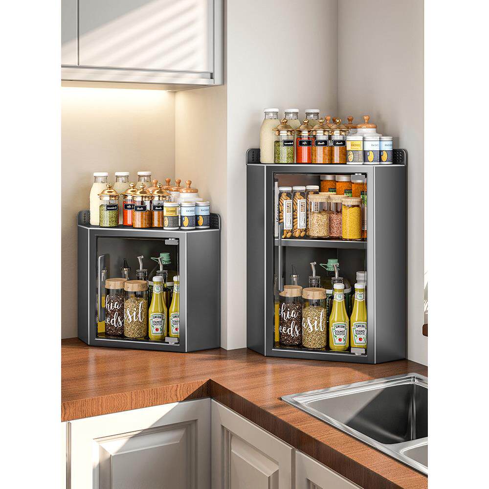 免安装厨房三角调料置物架台面带门防尘三角收纳柜调味品多层架子