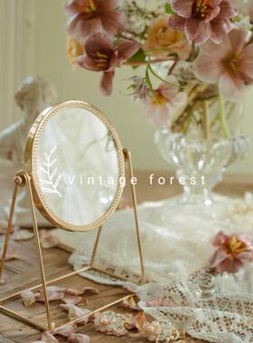 复古森林ins轻奢法式桌面化妆镜台式金边镜子便携宿舍卧室梳妆镜