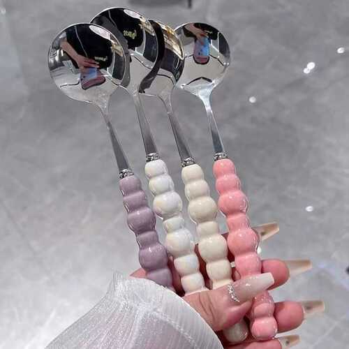 四色珍珠不锈钢勺子陶瓷手柄家用西餐餐勺高颜值少女心圆勺调羹