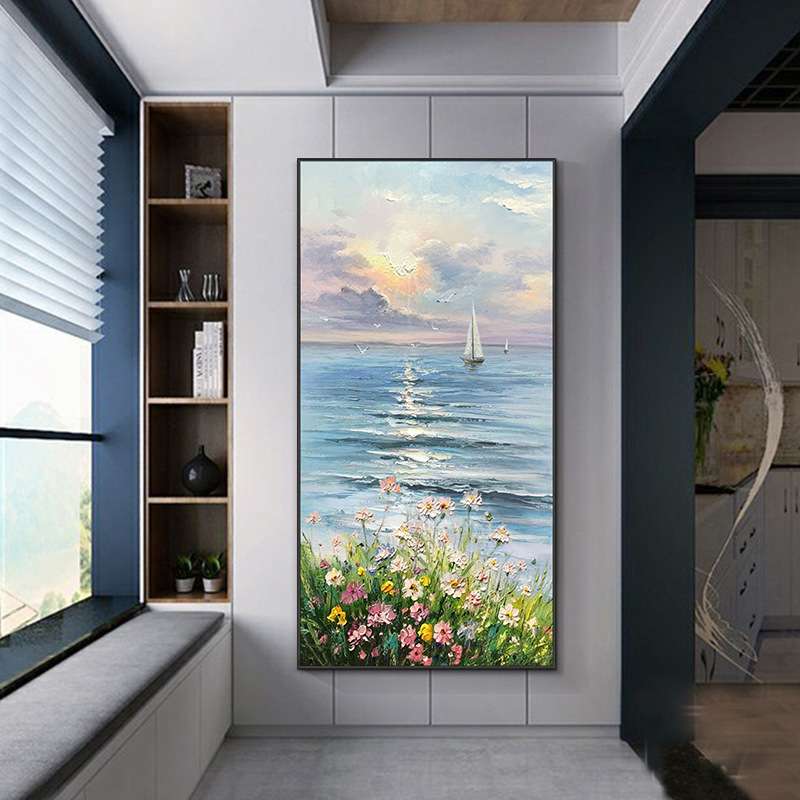 {活动价}手绘油画进门入户玄关装饰画现代简约花卉客厅走廊挂画竖图片