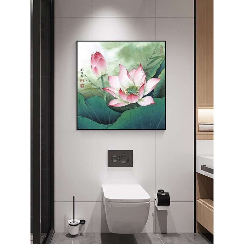 {活动价}荷花图装饰画正方形挂画新中式客厅餐厅书房莲花卫生间净图片