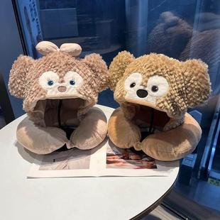 可爱达菲雪莉玫U型枕帽子护耳帽女旅游连帽靠枕秋冬季保暖护颈枕