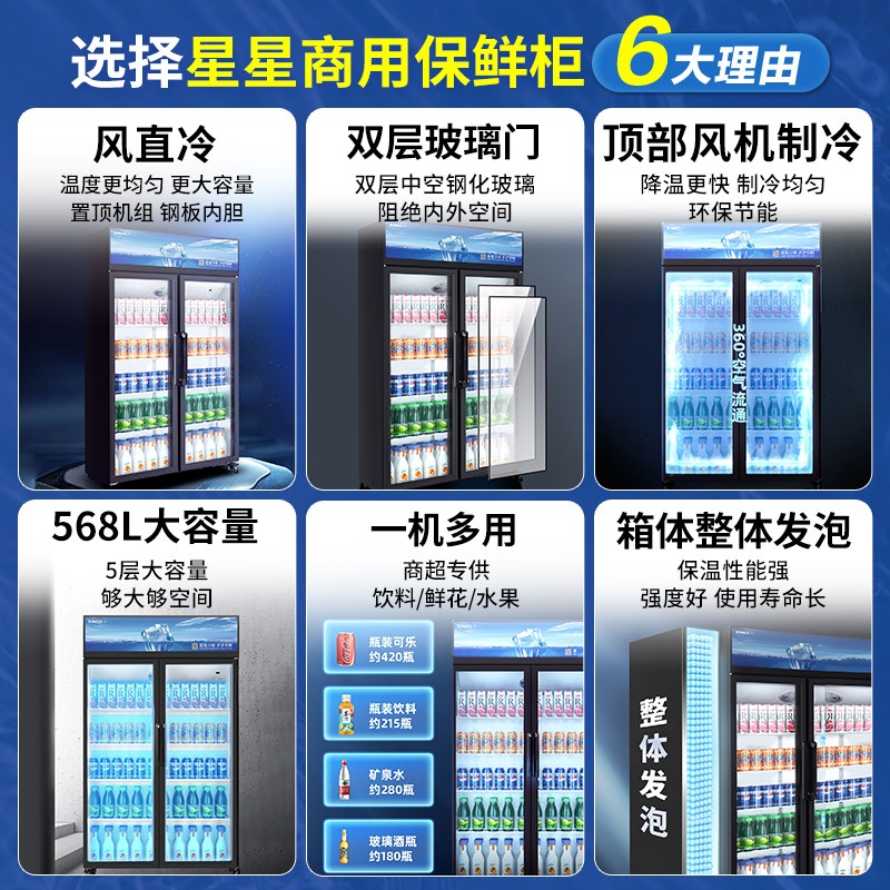 星星冷藏展示柜双门三门风直冷超市立式饮料保鲜柜商用啤酒柜冷柜