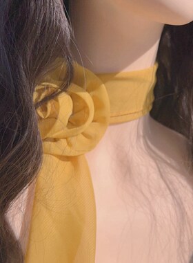 韩版气质百搭黄色玫瑰花朵纱巾窄围巾长款飘带颈带项圈绑带项链