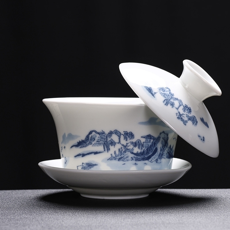 大容量可悬停羊脂玉白瓷盖碗高档陶瓷三才大号茶碗防烫功夫茶具