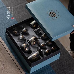 银斑黑陶茶具套装|复古粗陶家用办公陶瓷整套功夫茶具全套礼盒装