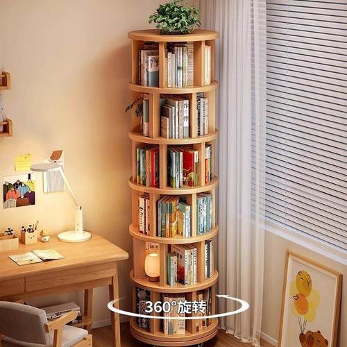 实木旋转书架360度落地置物架多层可移动收纳架客厅卧室转角书柜