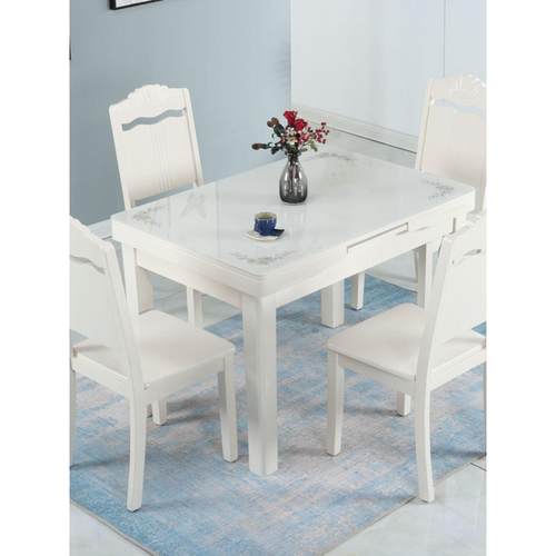 简约现代实木折叠可伸缩玻璃餐桌椅组合小户型多功能家用长方形桌