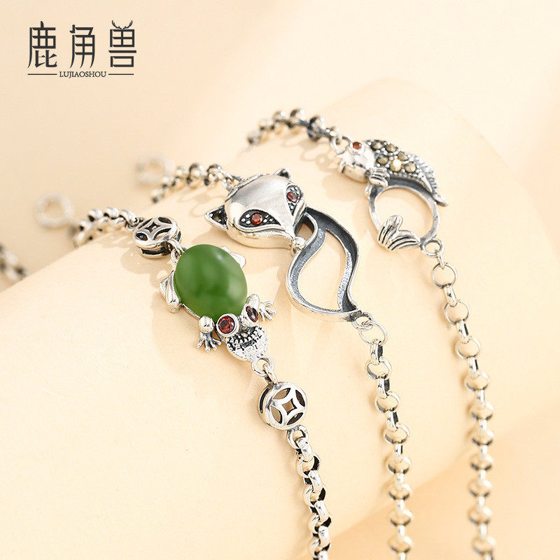 S925纯银手链空托复古简约手镯空托镶绿松石琥珀蜜蜡手饰空托8*9