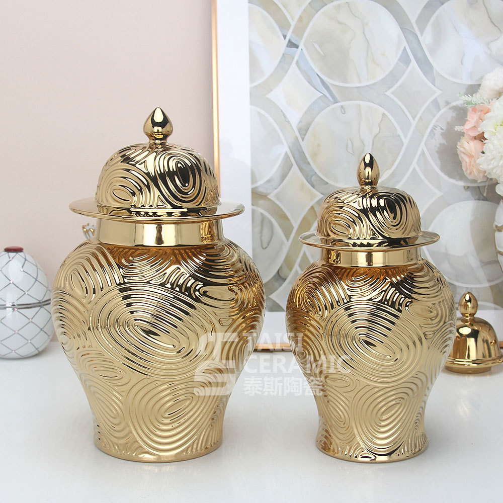 家居工艺品软装花瓶装饰品花插摆件酒店金色陶瓷电镀凹凸将军罐子