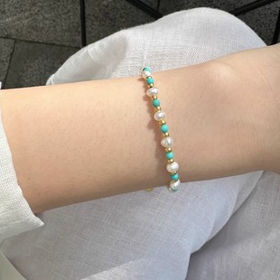 晓山青。天然强光淡水珍珠绿松石S925纯银小银珠欧美美拉德风手链