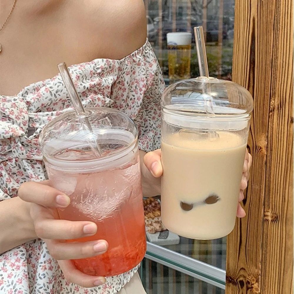 500ml Glass Coffee Cups With Lids Straws,Clear Smoothie Glas