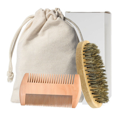 胡子刷套装胡须猪鬃刷双面木梳剪刀迷你折叠梳棉麻收纳袋纸盒装