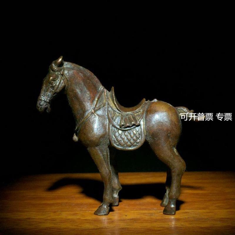 古玩铜器收藏仿古实心铜小唐马摆件骏马带马鞍马驹小铜马把件唐马
