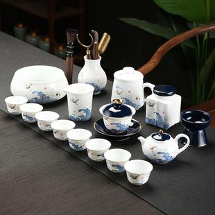中式 手绘乘风破浪白瓷茶具套装 家用办公室客厅待客茶杯盖碗礼盒装