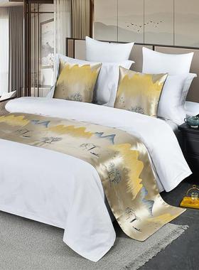 新中式酒店宾馆民宿客栈床搭巾装饰绿色床尾巾蓝色山水画 画轻奢