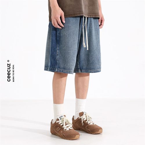 Ceecuz复古做旧直筒牛仔短裤男款夏季新款美式潮流宽松阔腿五分裤