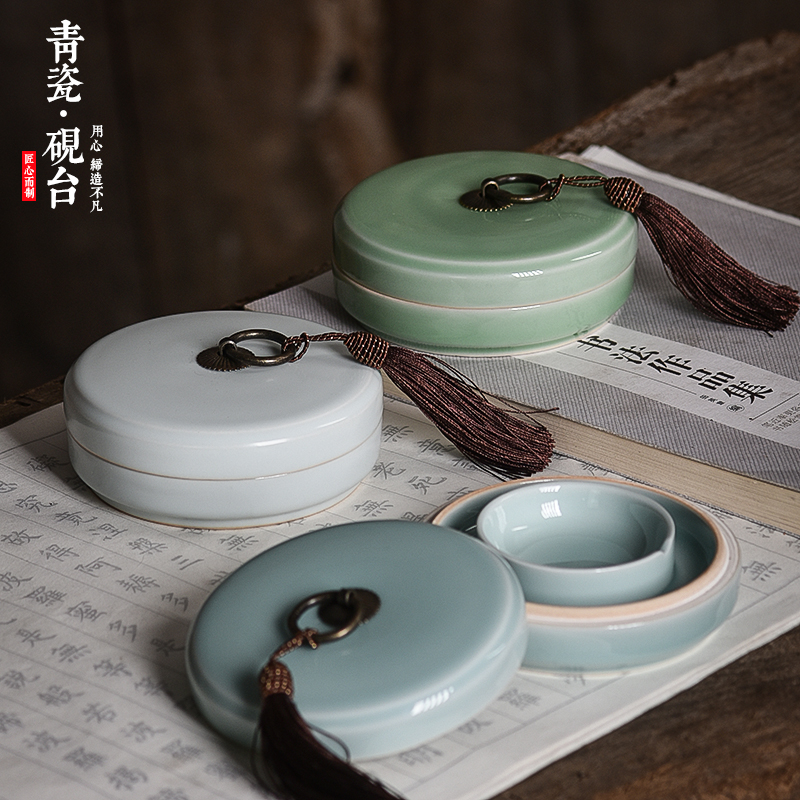 陶瓷火锅砚台书法带盖多功能双圈保湿防蒸发不干墨砚台毛笔墨水墨