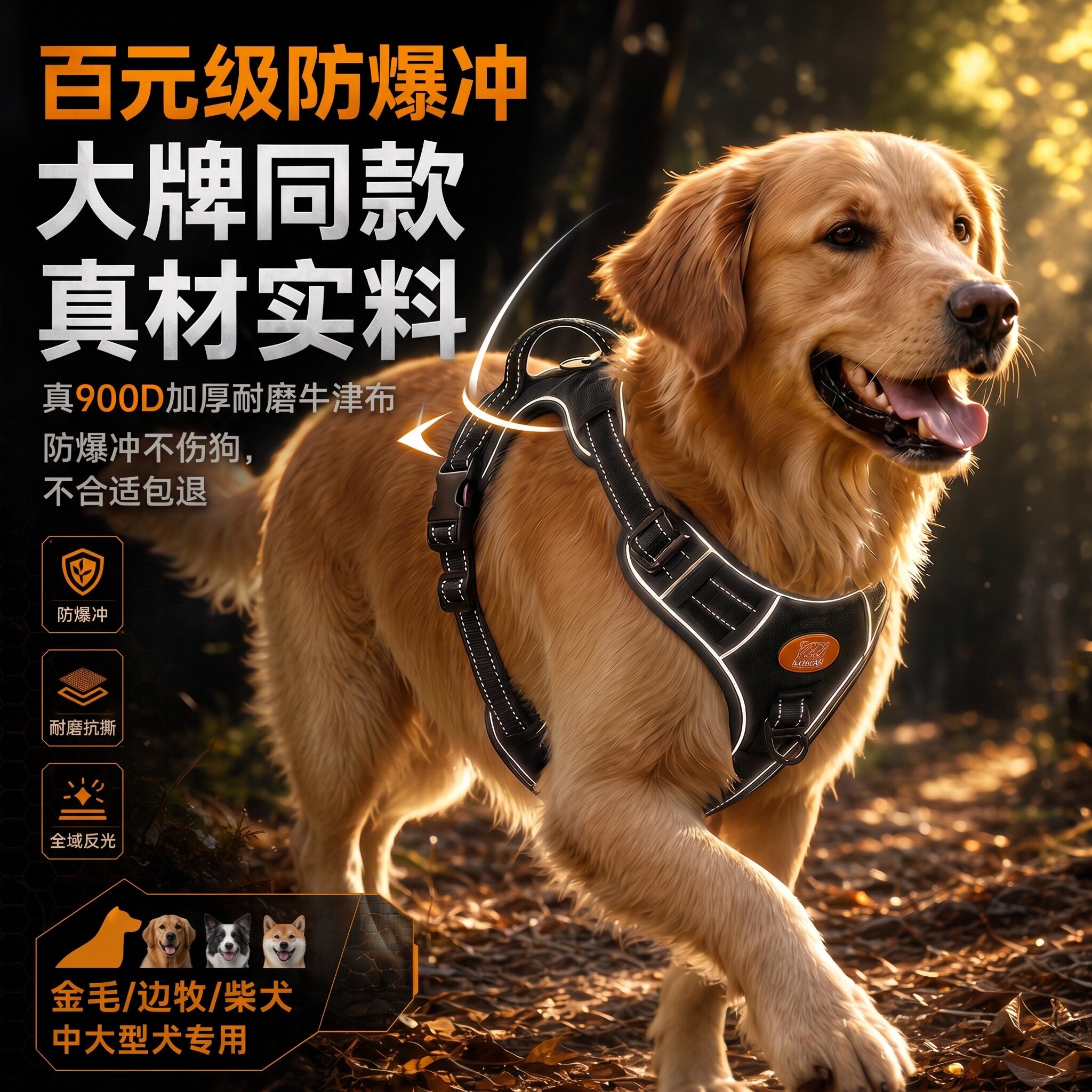 防爆冲背心式狗狗胸背带防挣脱中型大型犬大狗牵引绳金毛柴犬边牧