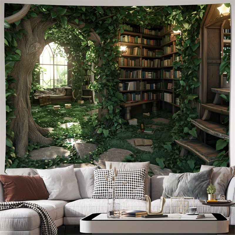 复古森林书架背景布卧室床头墙面装饰挂布房间改造直播挂毯定制