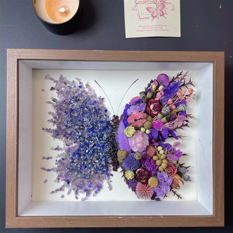 蓝绿水晶干花材料包 手工干花石头画紫色水晶蝴蝶相框创意礼物diy
