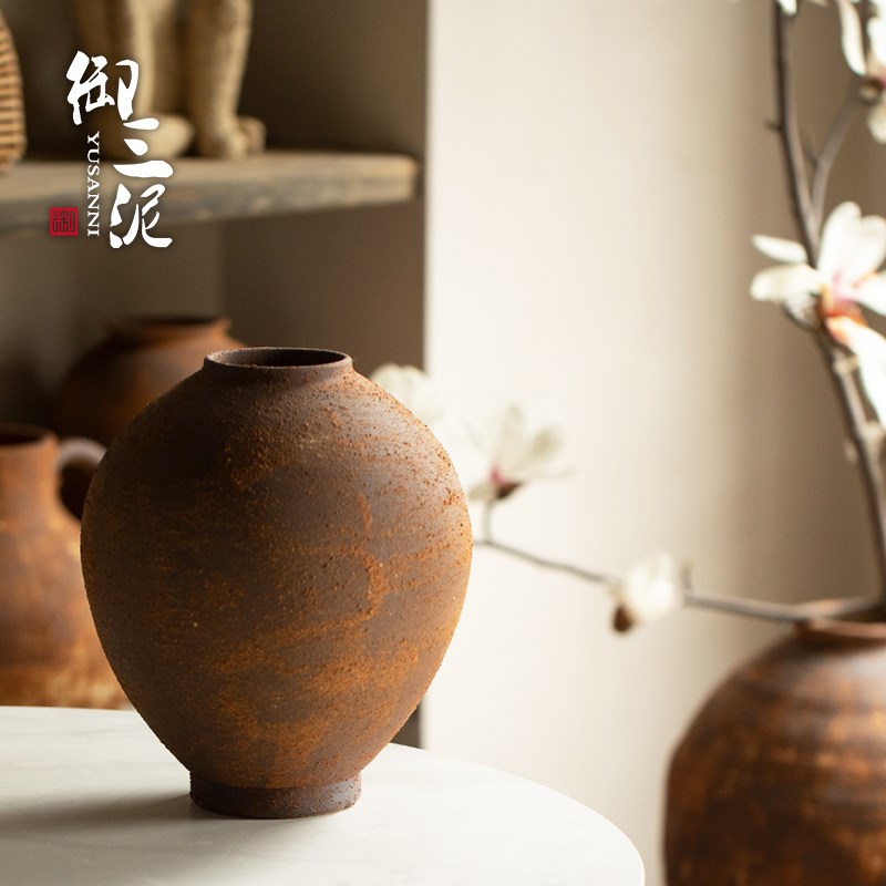 御三泥复古红砖粗陶花盆家居装饰花瓶干花插花装饰侘寂风陶罐