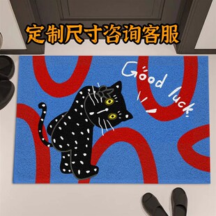 入户门地垫蓝色黑猫门口丝圈地垫进门垫门外蹭土防滑脚垫家用地毯