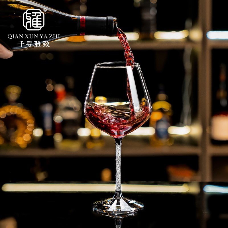 轻奢金钻勃艮第红酒杯套装欧式葡萄酒杯2个一对礼盒装高脚杯