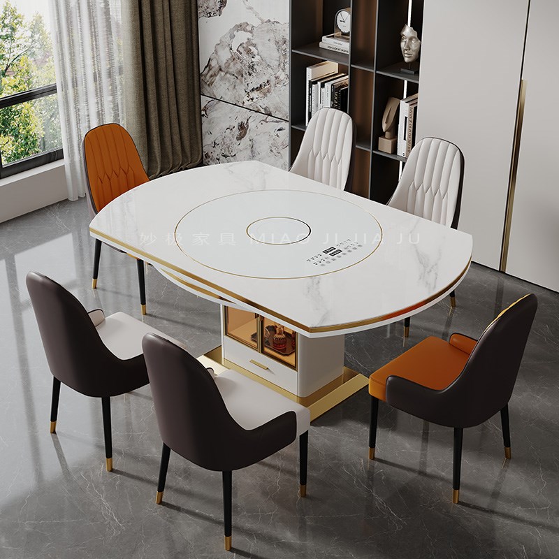 内嵌转盘餐桌椅组合家用轻奢现代简约多功能电磁炉可伸缩方圆两用