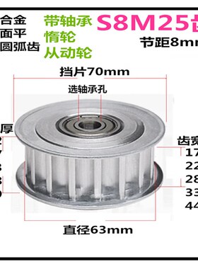 S8M25齿带轴承同步轮齿宽17/22/28/33/44 惰轮 AF/两面平 皮带轮