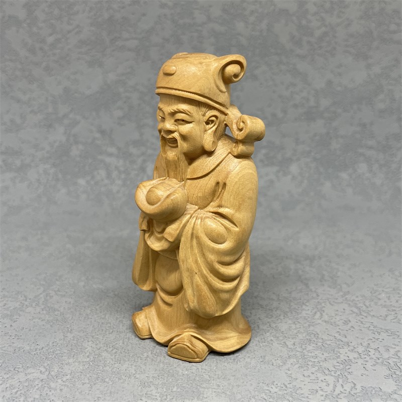 小叶黄杨木雕财神爷手把件工艺品实木制家居供奉中式汽车装饰摆件