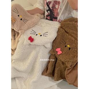 保暖毛毯秋冬加厚卡通黑皮KT猫带帽披肩披风午睡空调毯子斗篷学习