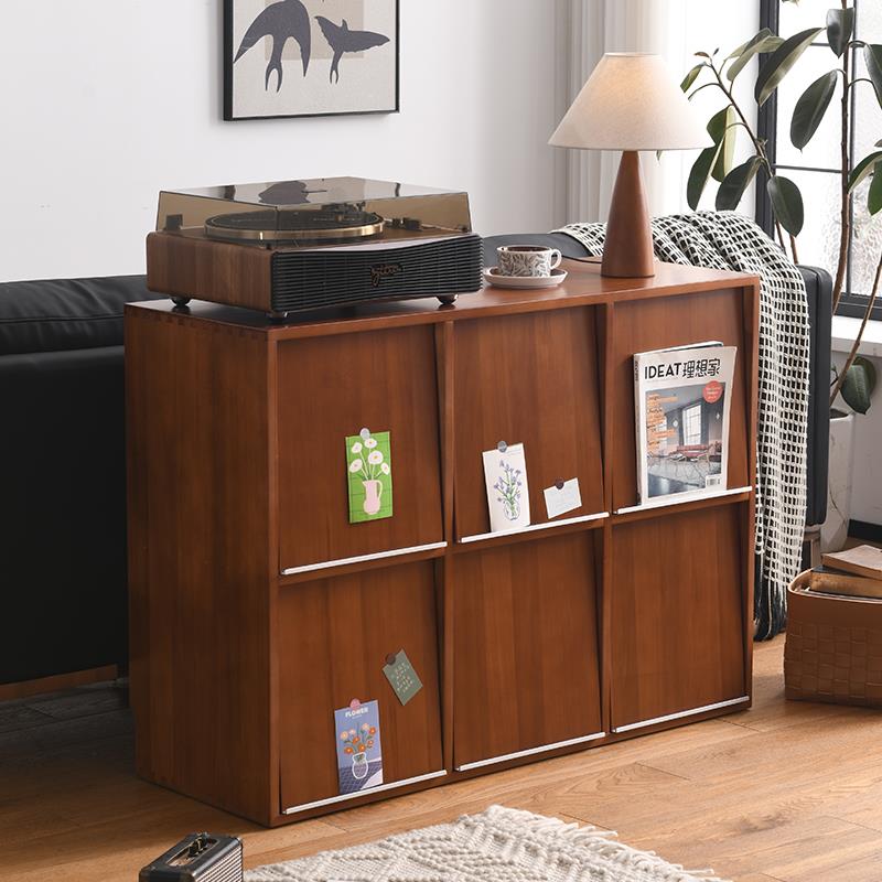 北欧实木展示柜自由书柜组合边柜复古格子柜客厅中古书架落地翻门