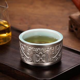 家用茶碗建盏古兽纹杯礼盒装 青瓷鎏银主人杯专用陶瓷功夫茶具套装