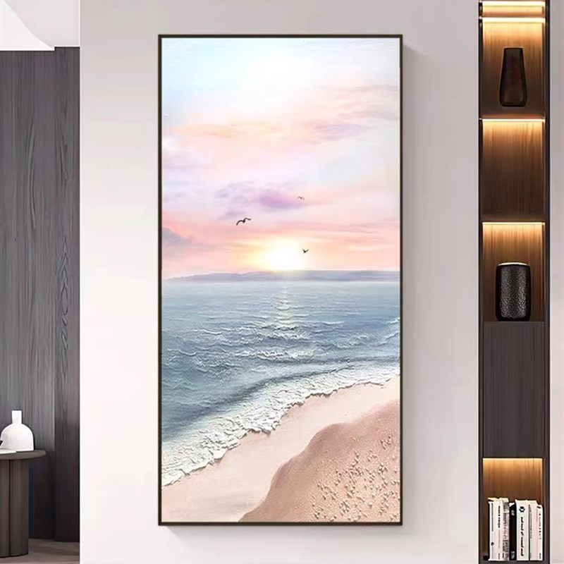 纯手绘景日出油画抽象立体肌理风景饰画客厅玄关走廊竖挂画