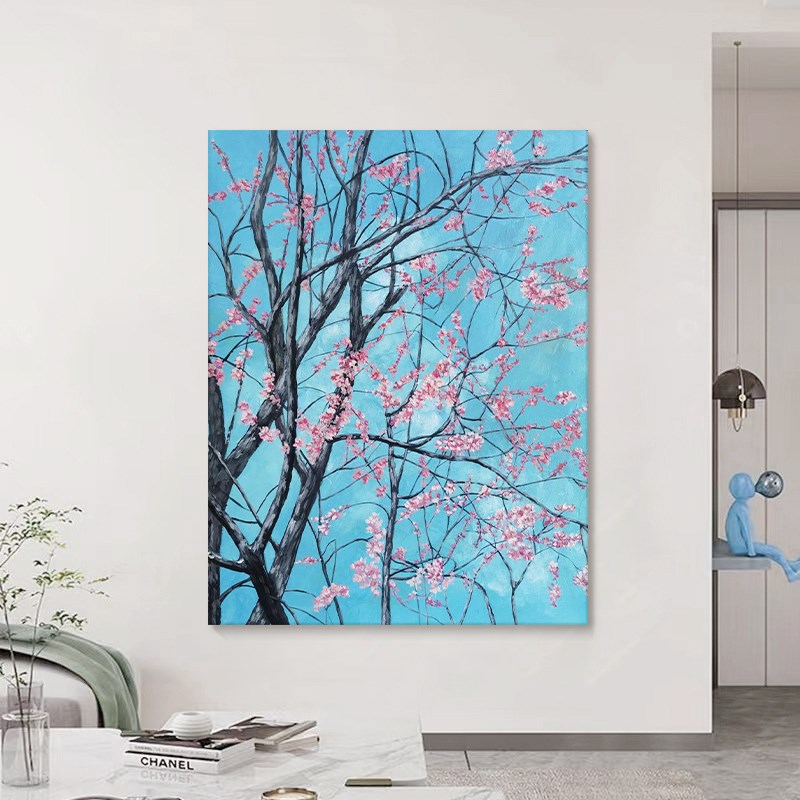 新粉色梅纯手绘油画喜上眉梢立体卉肌理客厅玄关饰挂画
