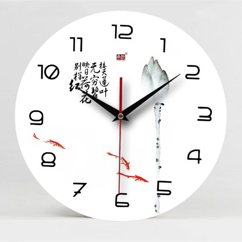 承沁个性创意钟表时钟挂钟客厅静音扫秒无框画钟时尚中式怀旧荷花