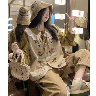 大码女装胖mm时尚三件套森系复古娃娃领O衬衫灯芯绒马甲+裤子