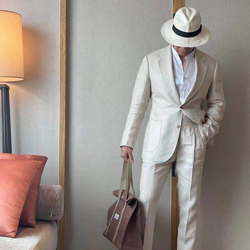 Leo男士春秋季意式那不勒斯米白色亚麻西服 贴袋休闲单西外套上衣