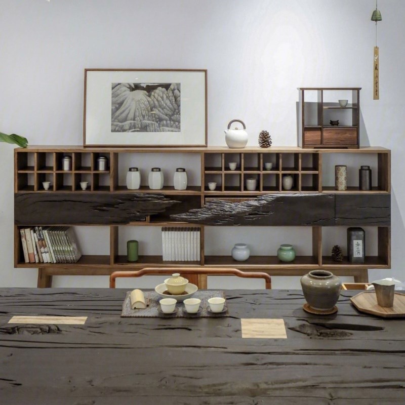 侘寂风展示架 实木博古架餐边柜茶叶柜储物架可订作 茶杯架