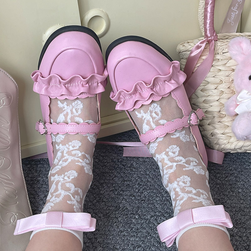 粉喵星球 自制款玫瑰花纹水晶双层蝶可爱洛丽塔少女薄款中筒袜女