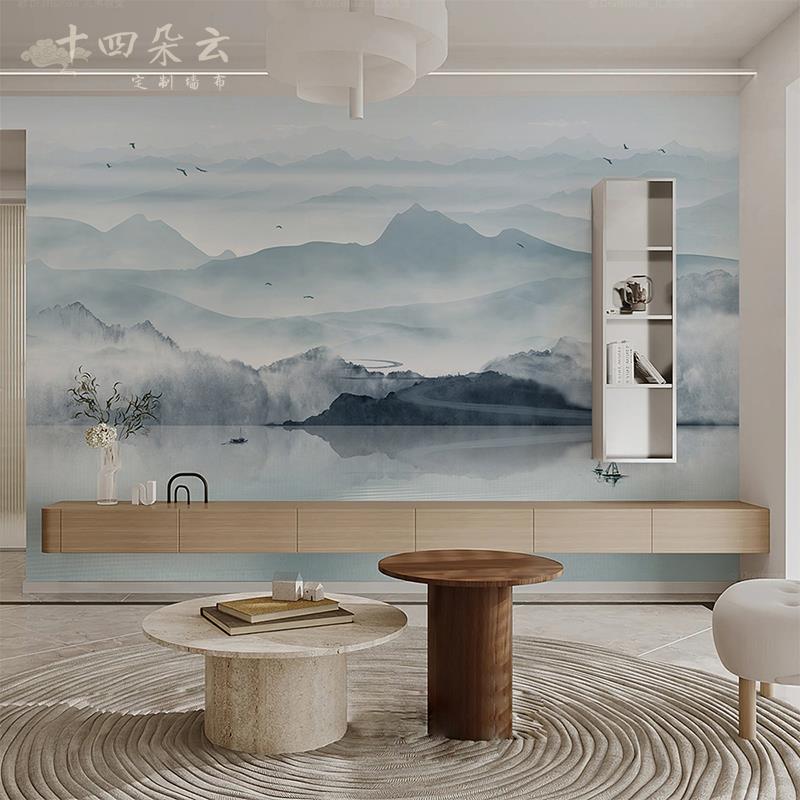 新中式大气山水壁纸沙发电视背景墙定制壁画卧室墙纸新款客厅壁布