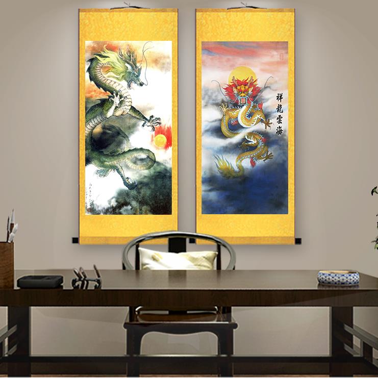 国画龙图画水墨画金龙戏珠画丝绸玄关挂画鲤鱼跳龙门客厅装饰画