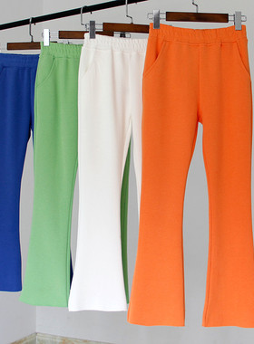 微喇裤女弹力高腰修身显瘦九分裤春夏薄款小喇叭裤绿色蓝色休闲裤